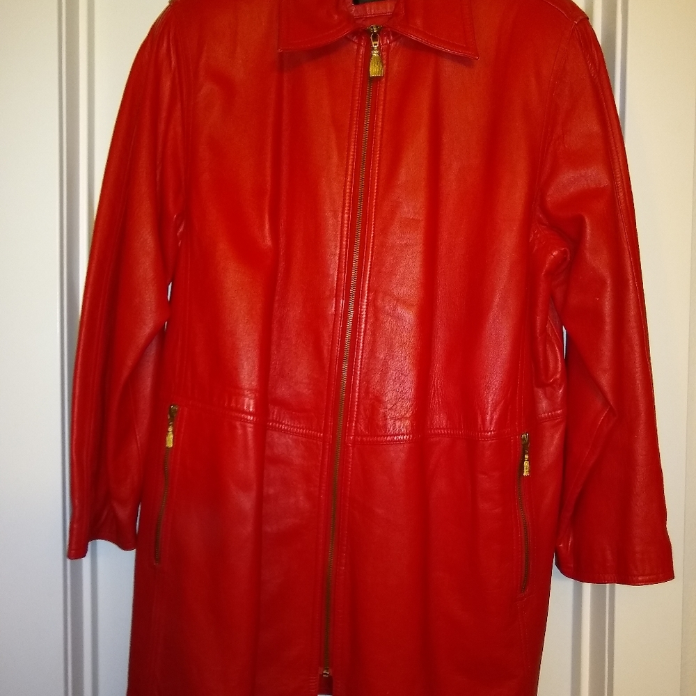Women's Red Genuine Leather Vintage Swing Car Coat